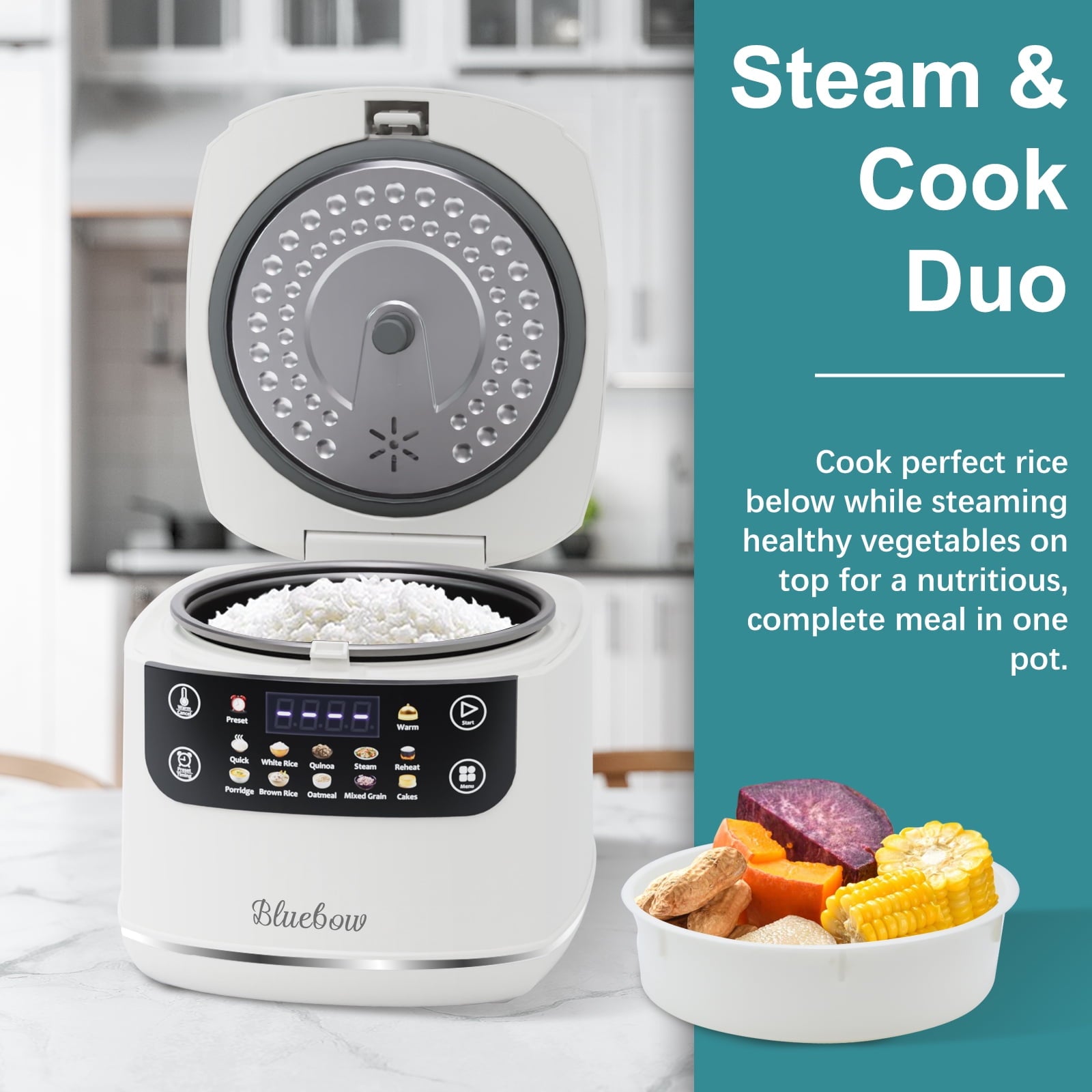 Bluebow Digital Rice Cooker, 6-Cup/2.1QT Small Rice Maker, 10 Presets, 24-Hour Delay Timer & Keep Warm, Non-Stick Inner Pot, White