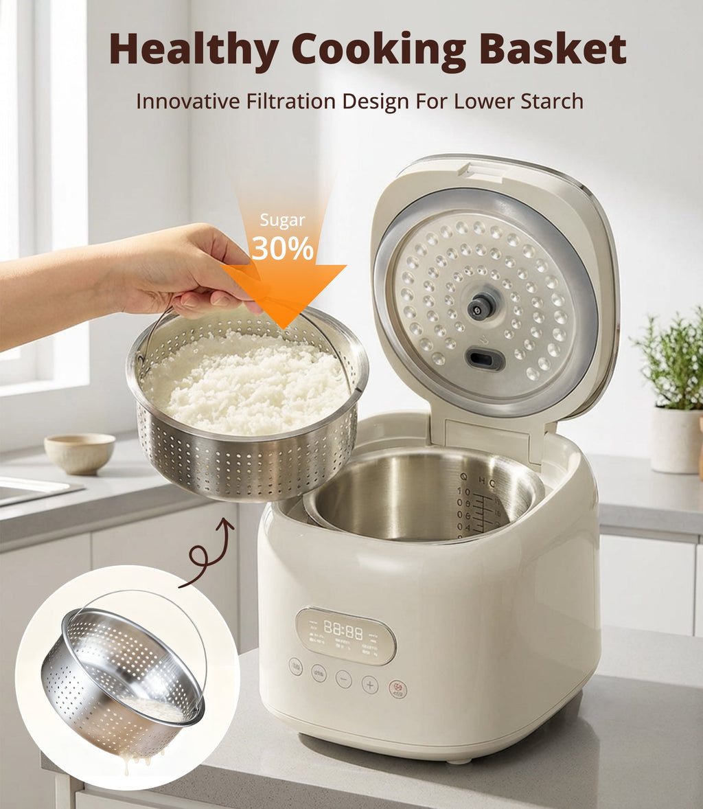 Casualife 3QT Rice Cooker with Starch-Reducing Steamer, 10-in-1 Multicooker with No-Coating Inner Pot and 24-Hour Timer, White