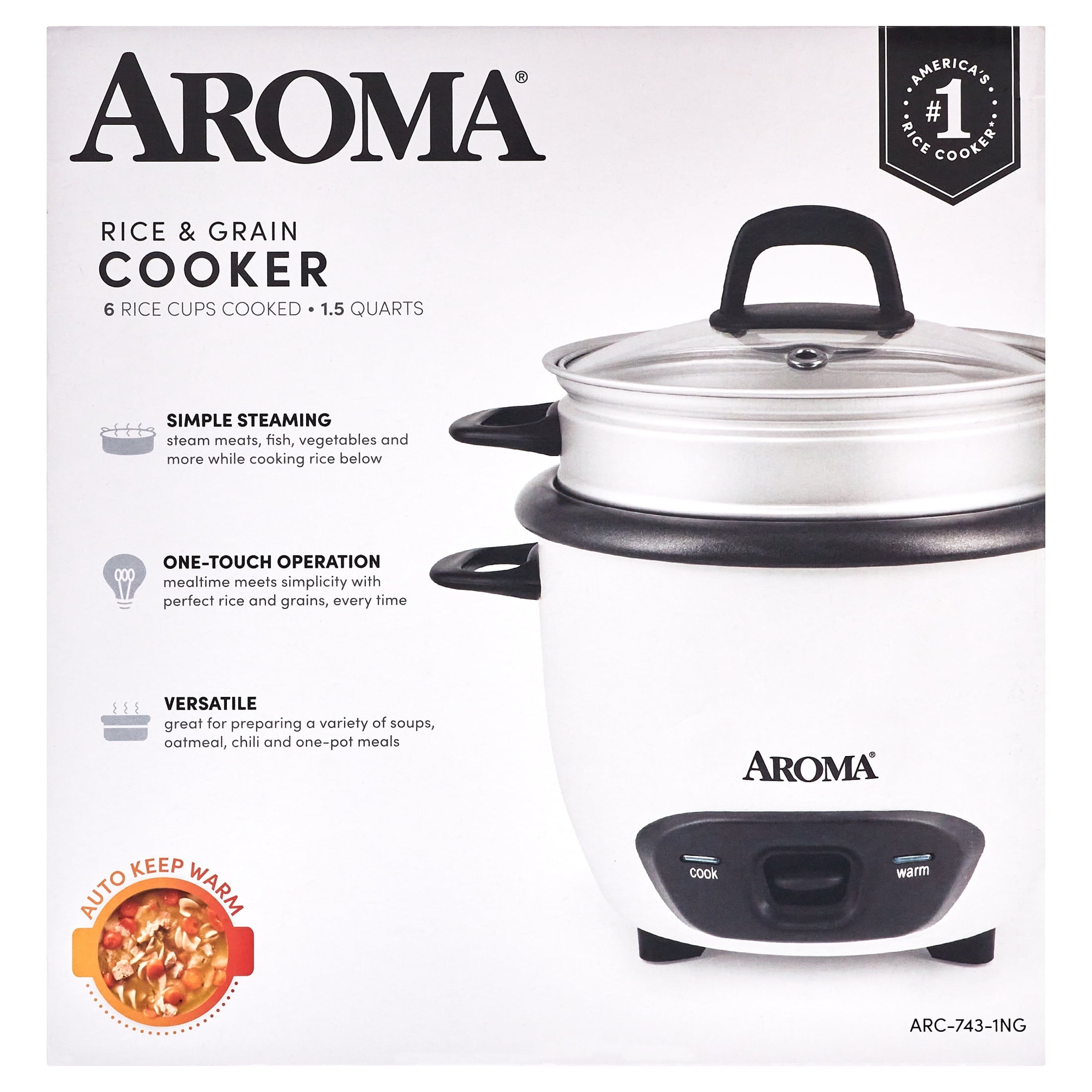 Aroma® 6-Cup (Cooked) / 1.5Qt. Rice & Grain Cooker, White, New, ARC-743-1NG