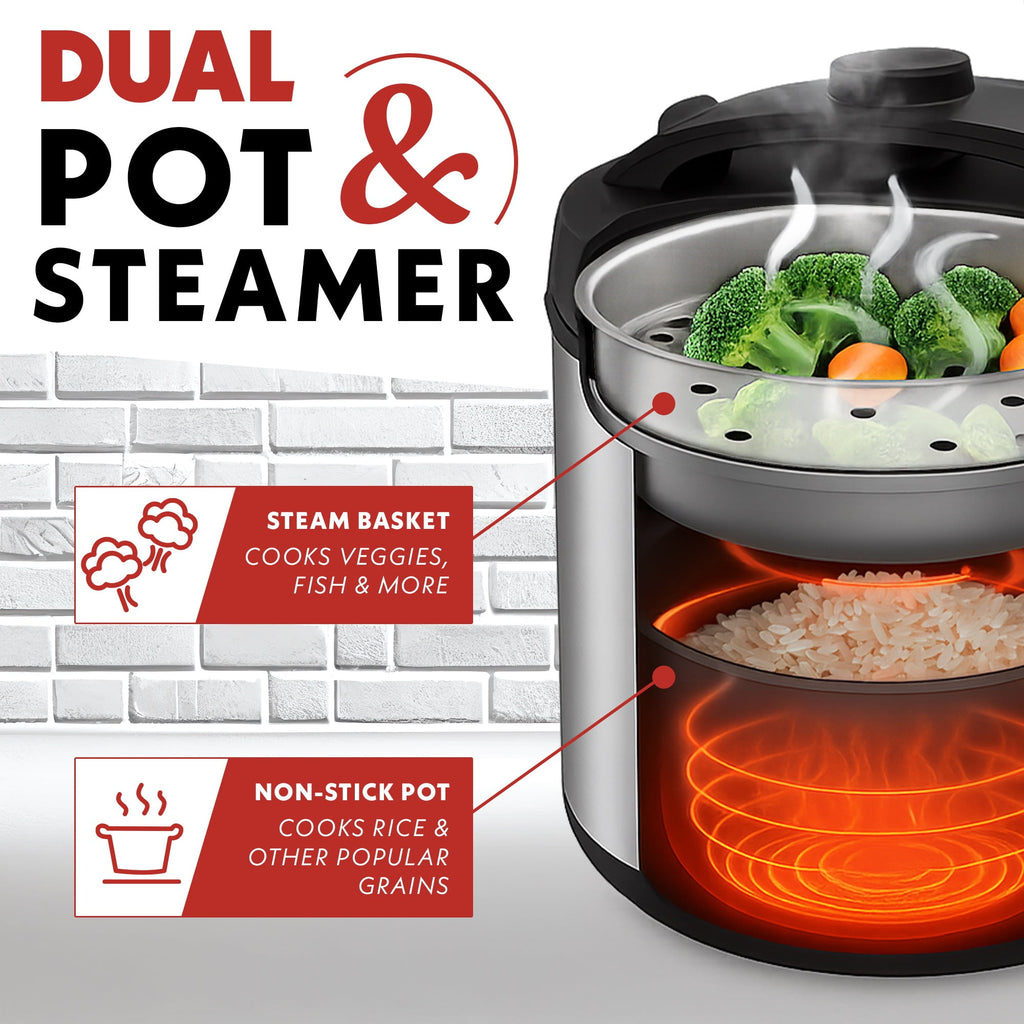 Gourmia 5 Qt Rice Cooker & Steamer, 20 Cup Cooked (10 Cup Uncooked) Stainless Steel