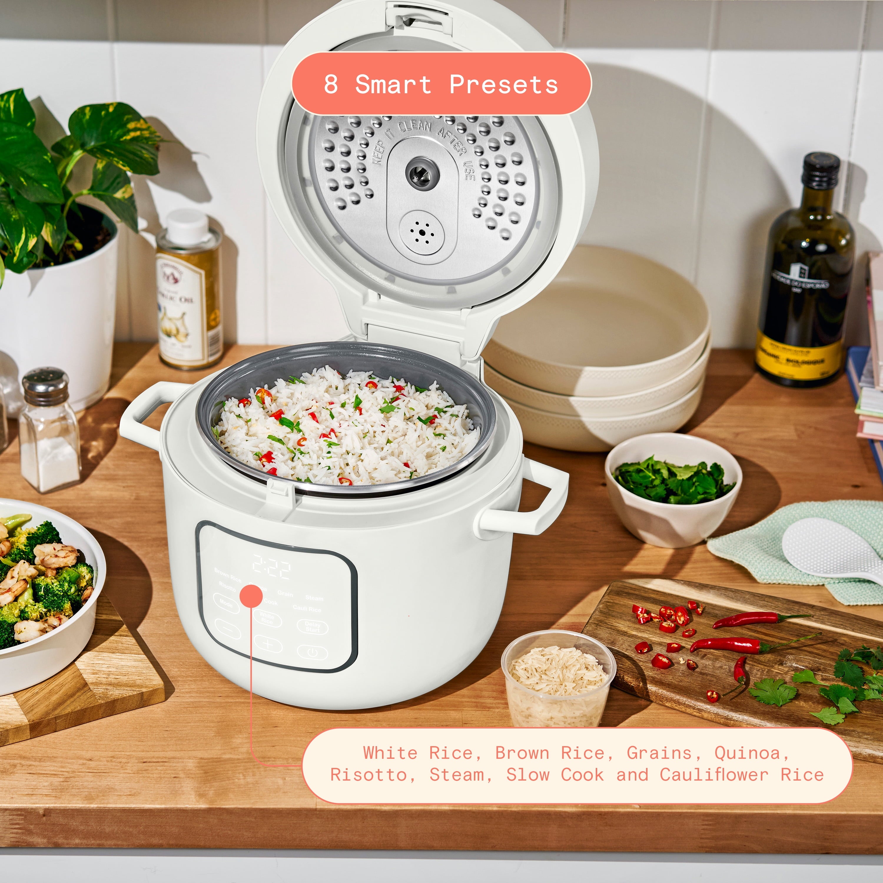 Beautiful 14-Cup Cooked, 6-Cups Uncooked Electric Rice and Grain Cooker, EverGood™ Ceramic Nonstick Coating, White Icing by Drew Barrymore