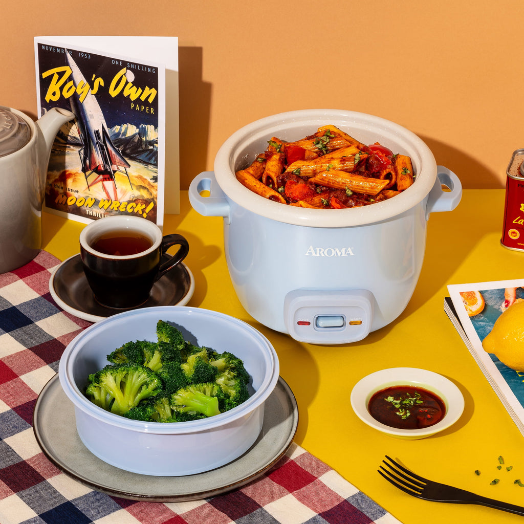 AROMA® 4-Cup Cooked, 2-Cup Uncooked Rice Cooker & Food Steamer with Bonded Granite® Nonstick Ceramic & Pop-Up Steam Tray - Blue