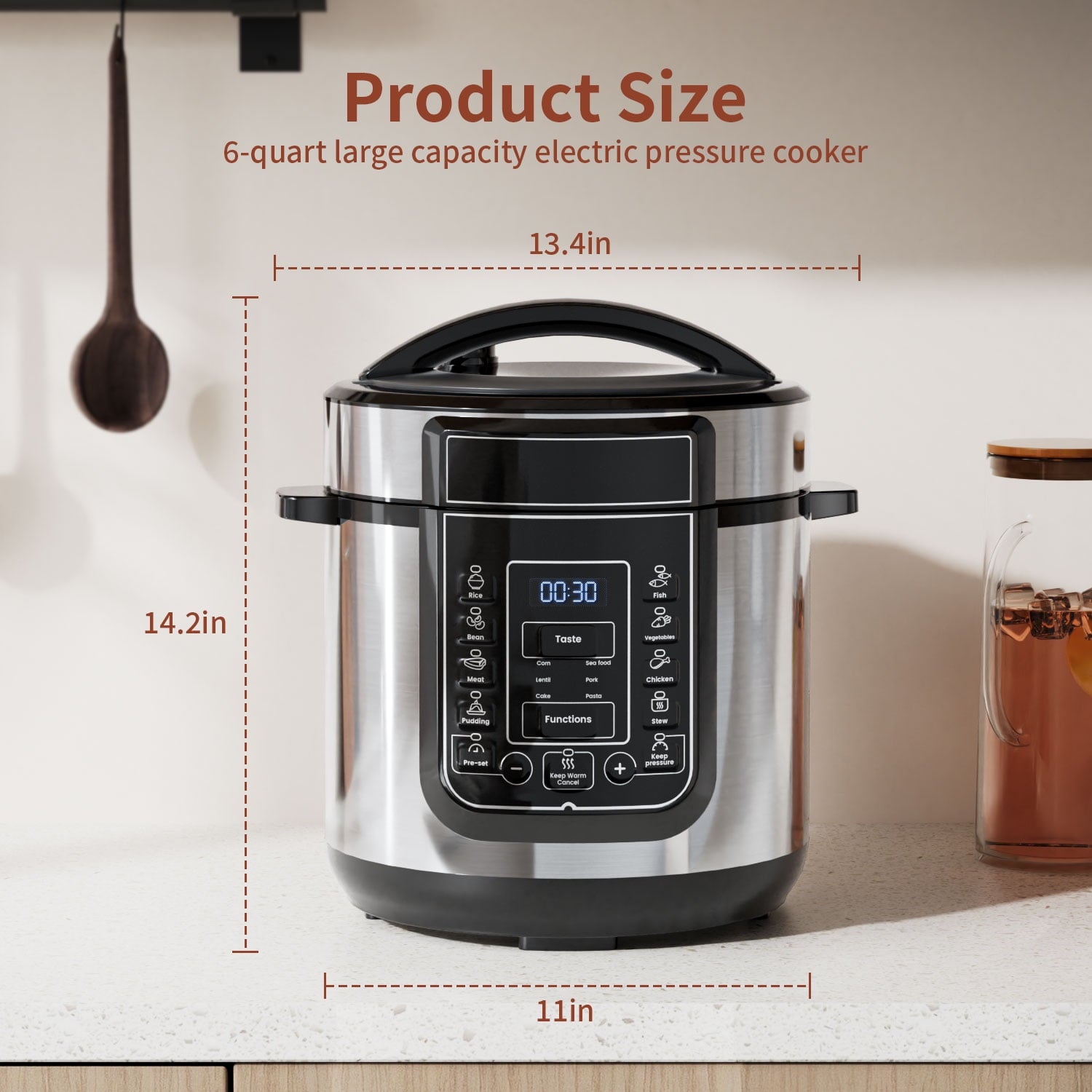 TINANA 6 Qt Electric Pressure Cooker 9-in-1, 14 Presets Instant Multi-Function Pot, Slow Cooker, Rice Cooker, Cake Maker, Non-Stick, Stainless Steel