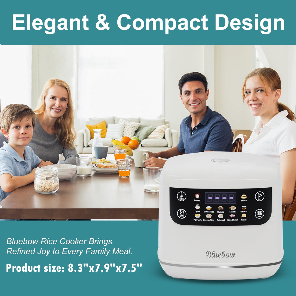 Bluebow Digital Rice Cooker, 6-Cup/2.1QT Small Rice Maker, 10 Presets, 24-Hour Delay Timer & Keep Warm, Non-Stick Inner Pot, White