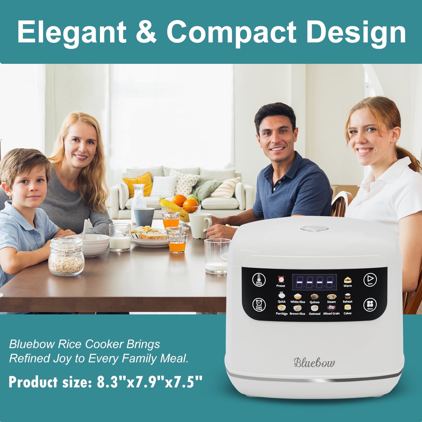 Bluebow Digital Rice Cooker, 6-Cup/2.1QT Small Rice Maker, 10 Presets, 24-Hour Delay Timer & Keep Warm, Non-Stick Inner Pot, White