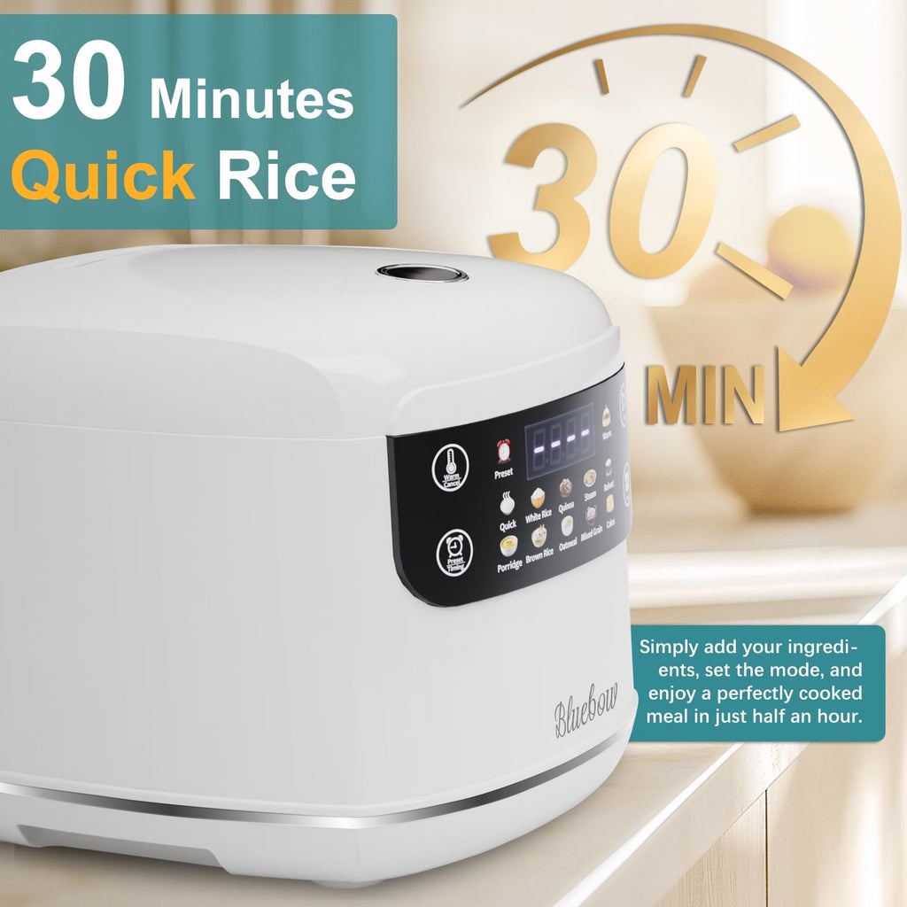 Bluebow Digital Rice Cooker, 6-Cup/2.1QT Small Rice Maker, 10 Presets, 24-Hour Delay Timer & Keep Warm, Non-Stick Inner Pot, White