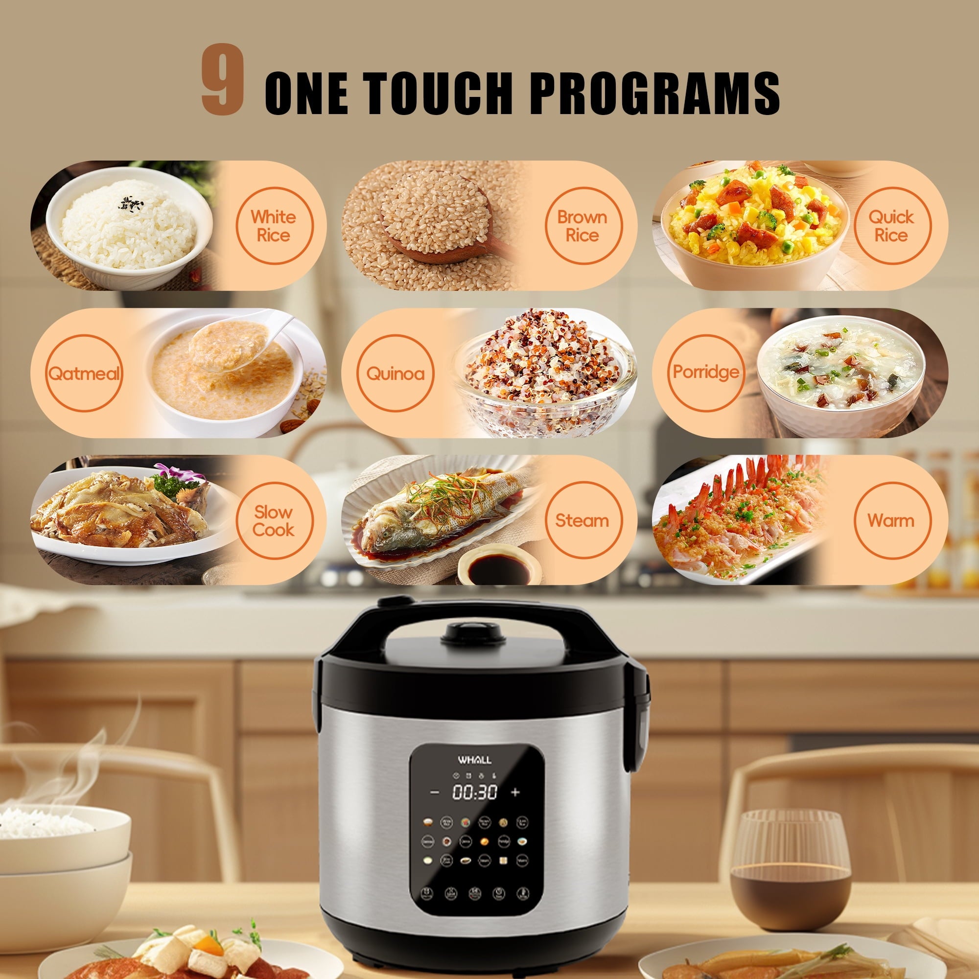 WHALL Digital Rice Cooker – 10-Cup Uncooked / 20-Cup Cooked Capacity, Multi-Function Steamer, Slow Cooker, Oatmeal Setting, Auto Keep Warm Feature, 5 Qt, Stainless Steel New