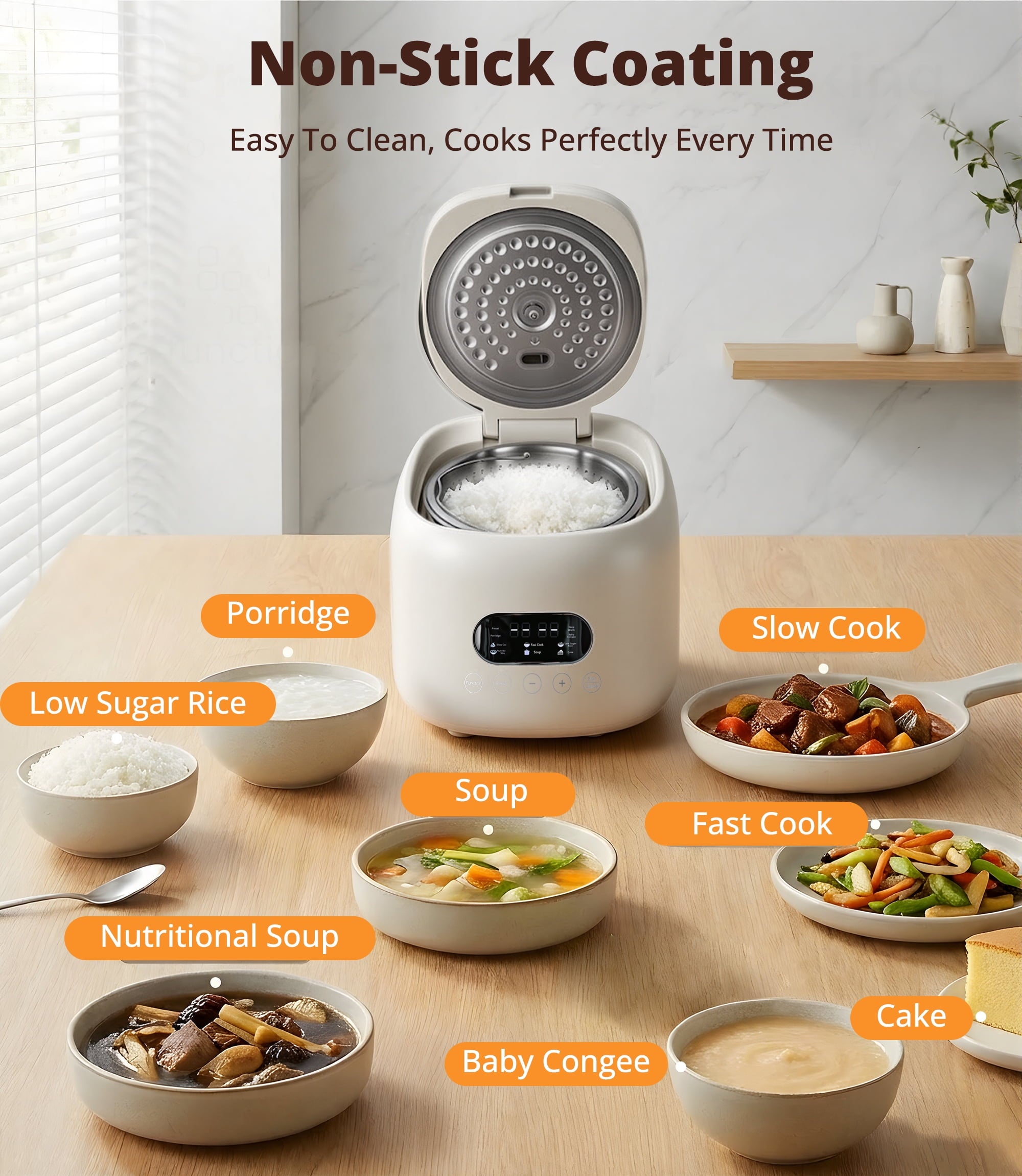 Casualife 3QT Rice Cooker with Starch-Reducing Steamer, 10-in-1 Multicooker with No-Coating Inner Pot and 24-Hour Timer, White