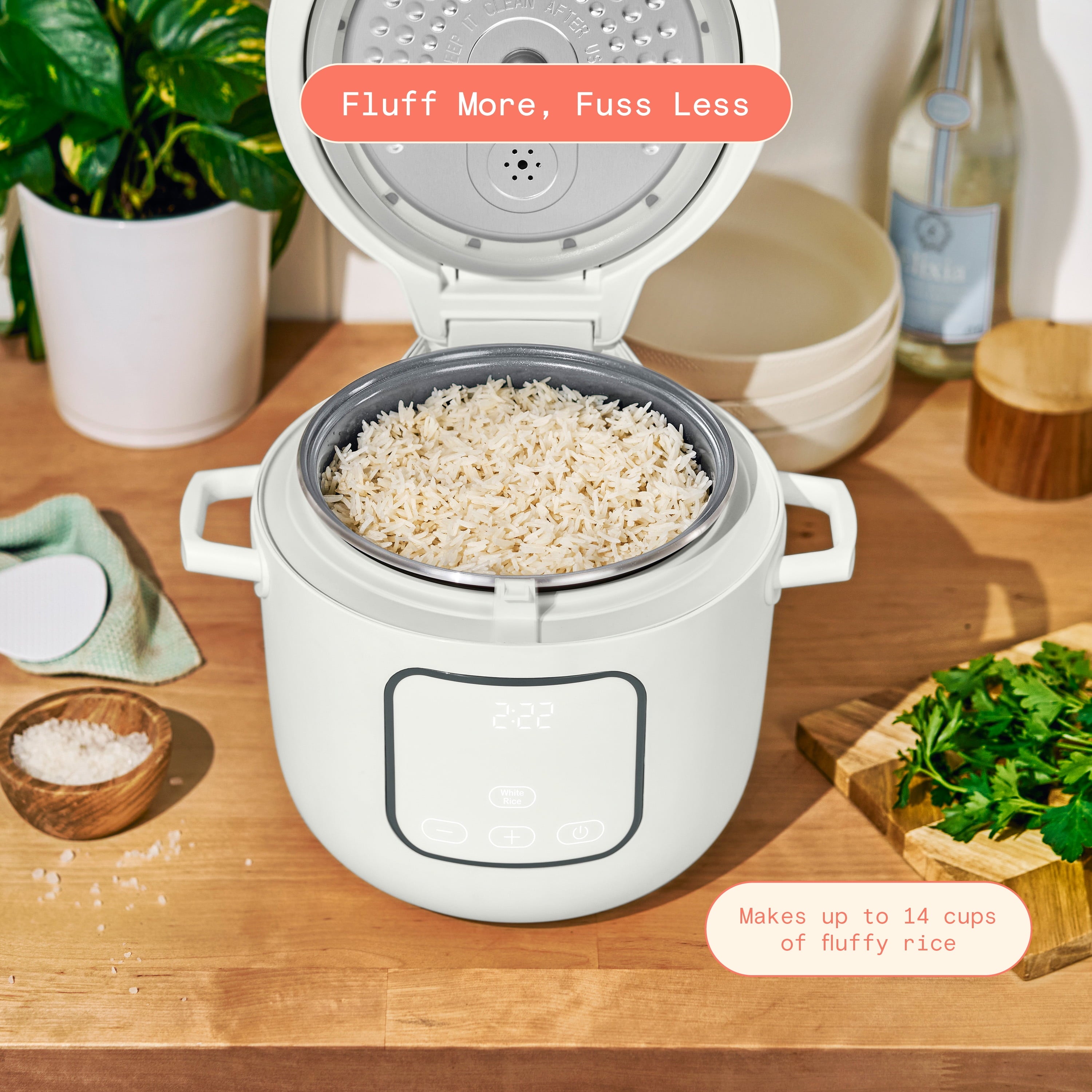 Beautiful 14-Cup Cooked, 6-Cups Uncooked Electric Rice and Grain Cooker, EverGood™ Ceramic Nonstick Coating, White Icing by Drew Barrymore