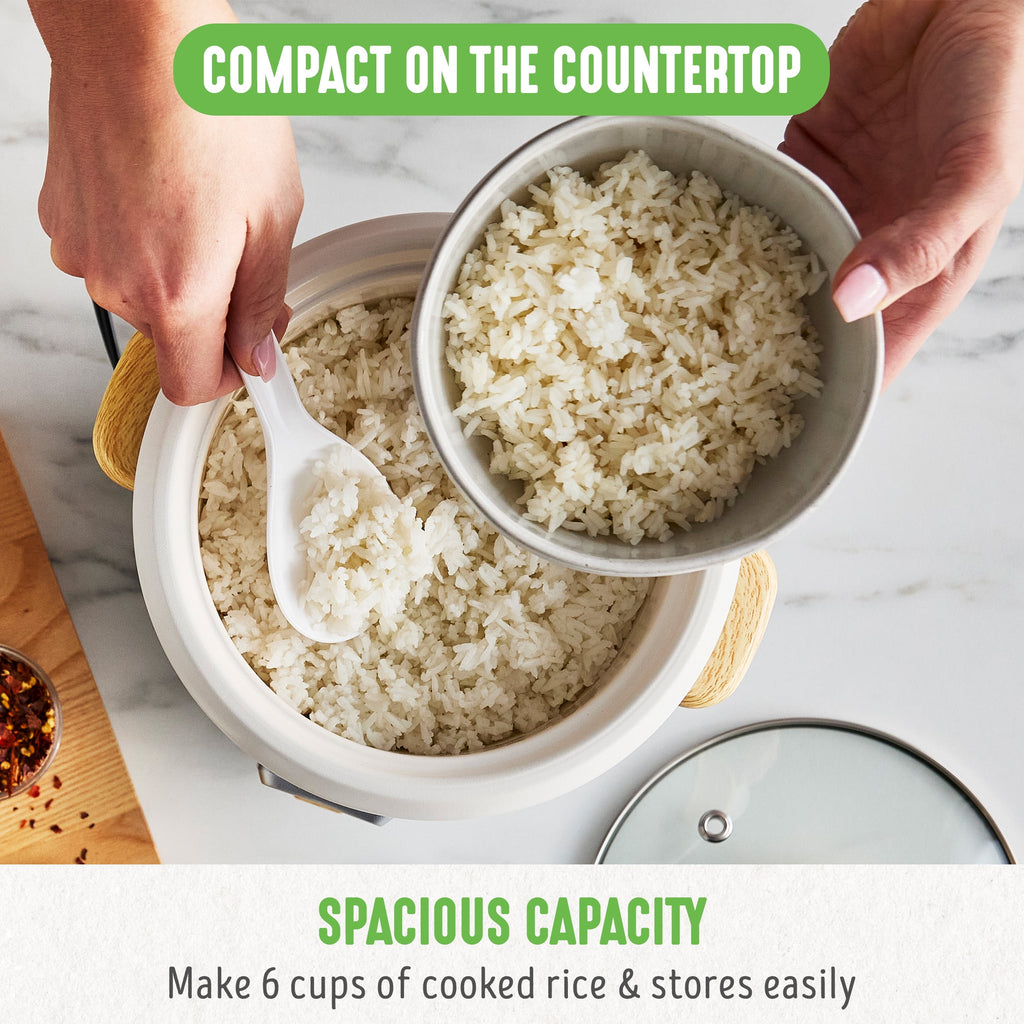 GreenLife 3 Cup Non Stick Electric Rice Cooker, Cream