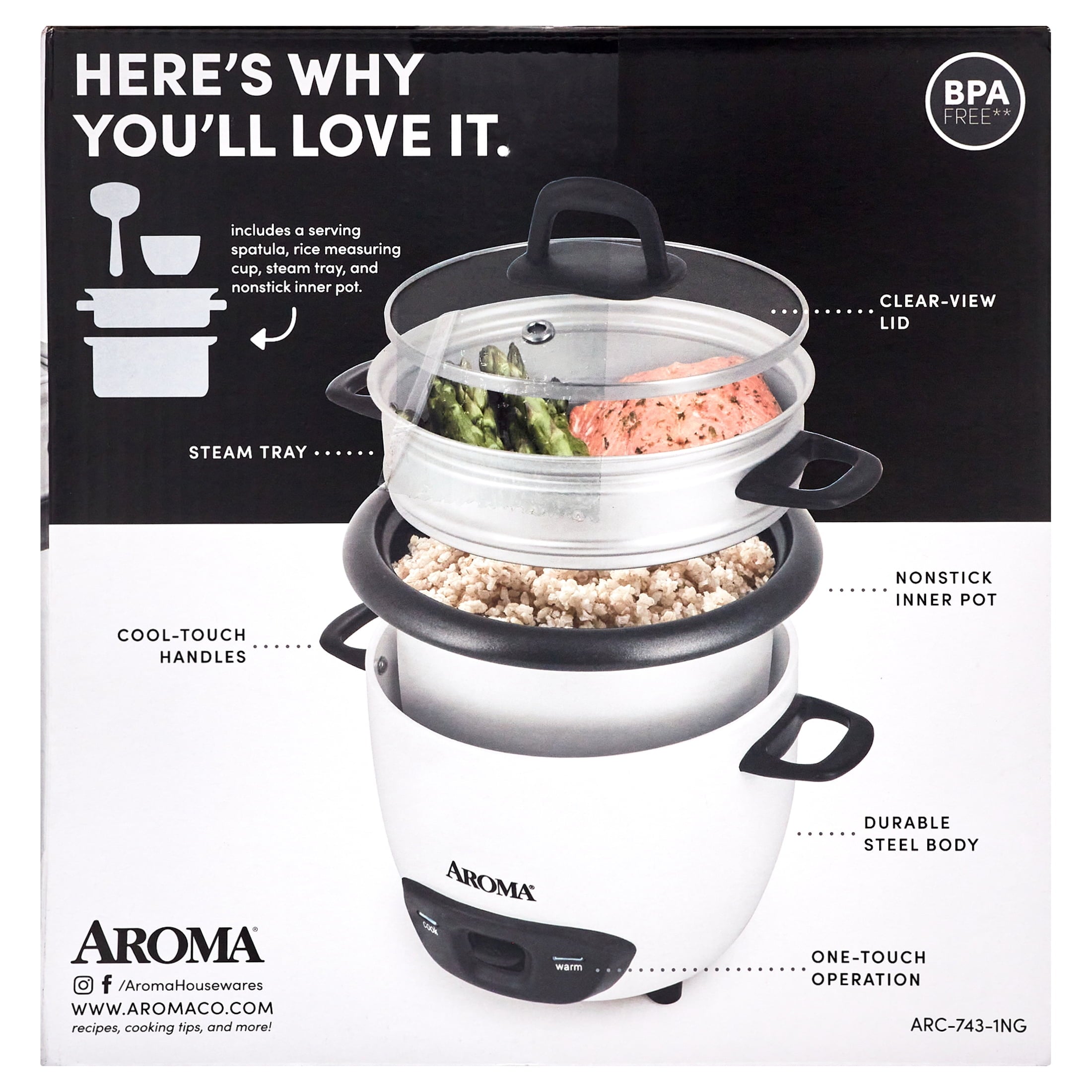 Aroma® 6-Cup (Cooked) / 1.5Qt. Rice & Grain Cooker, White, New, ARC-743-1NG