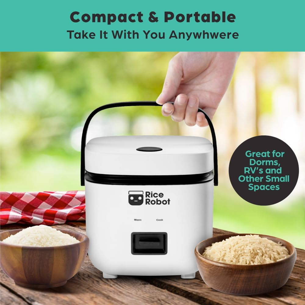 Rice Robot Personal Rice Cooker, PFAS-free, Nonstick. 1 Quart Capacity (4 Cups), with Stainless Steel Steamer Tray, Measuring Cups, Recipe Book with 60 Recipes, and Serving Spoon, As Seen On TV