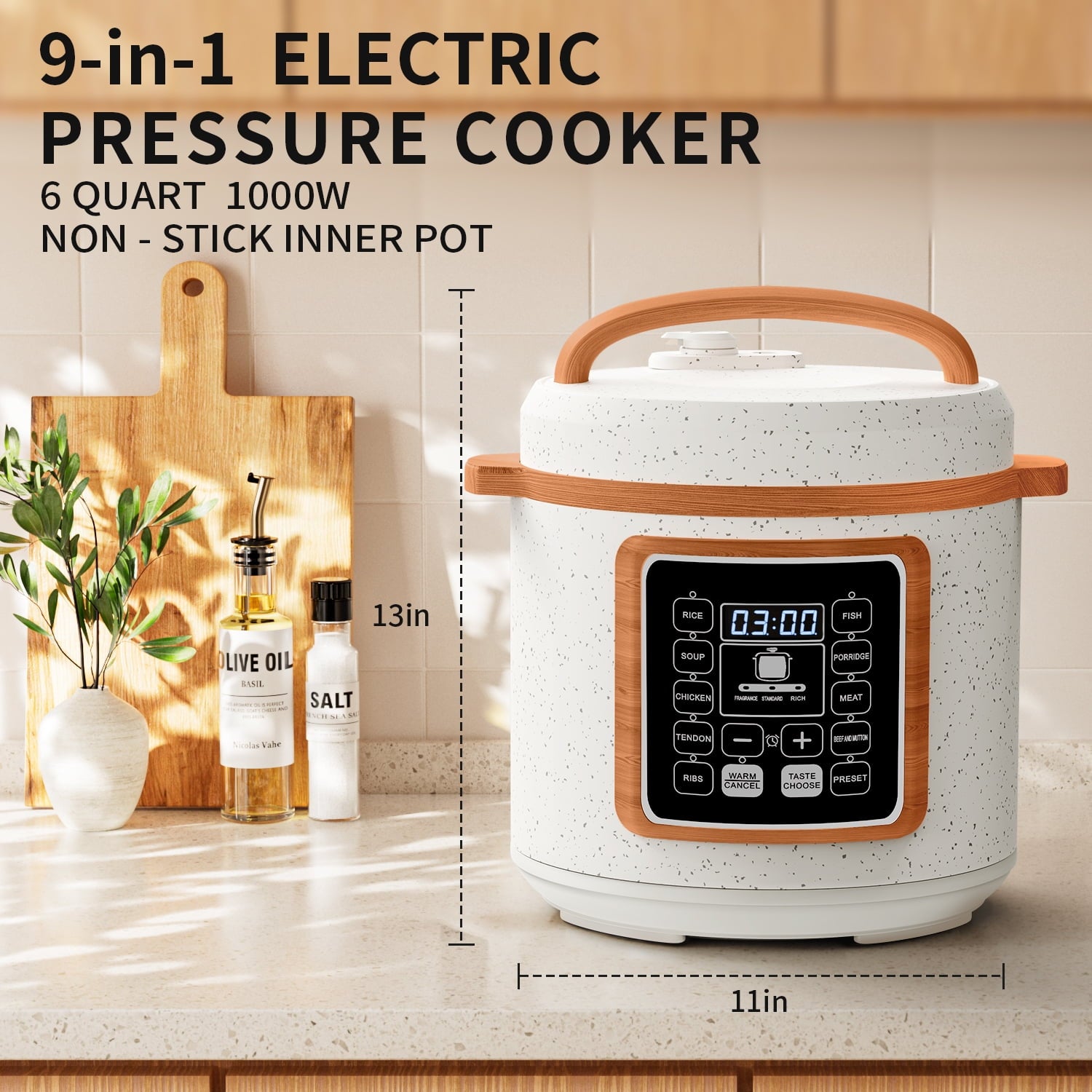 TINANA 6 Quart Electric Pressure Cooker, 9-in-1 Stainless Steel Multi Cooker Pot, Rice Cooker, Slow Cooker, Food Pressure Cooker with Safety Lock, Auto Release, Delay Timer, Intelligent Presets