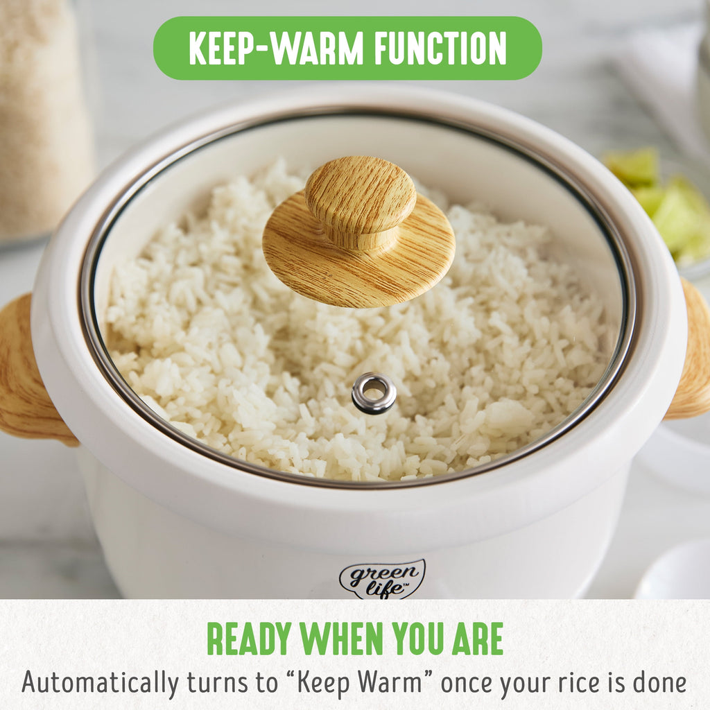 GreenLife 3 Cup Non Stick Electric Rice Cooker, Cream