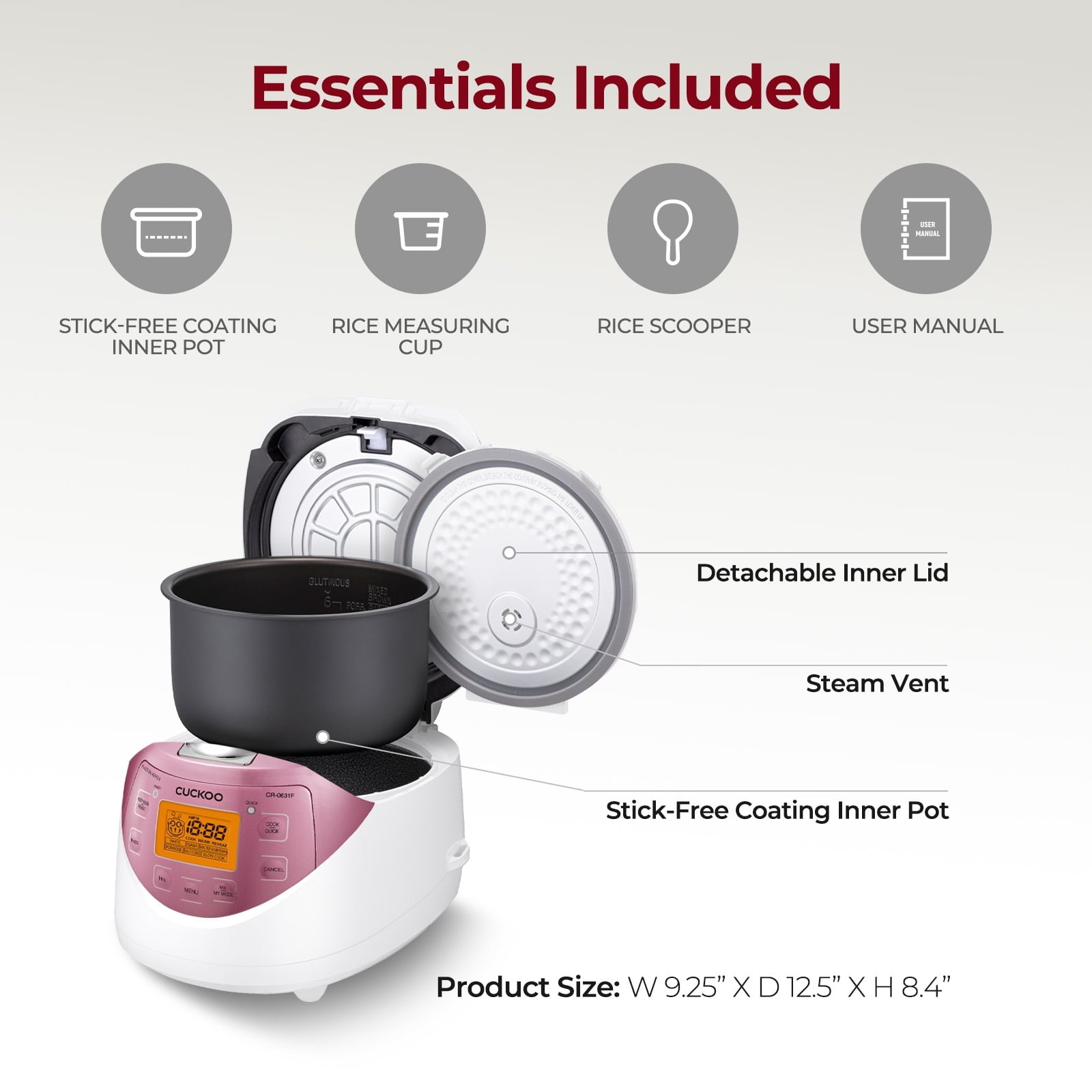 CUCKOO Micom Rice Cooker 6 Cup Uncooked / 12 Cup Cooked, Korean Fuzzy Logic Rice Cooker with Preset Timer & Keep Warm Setting, Versatile Food Steamer with Non-Stick Inner Pot, Pink (CR-0631F)