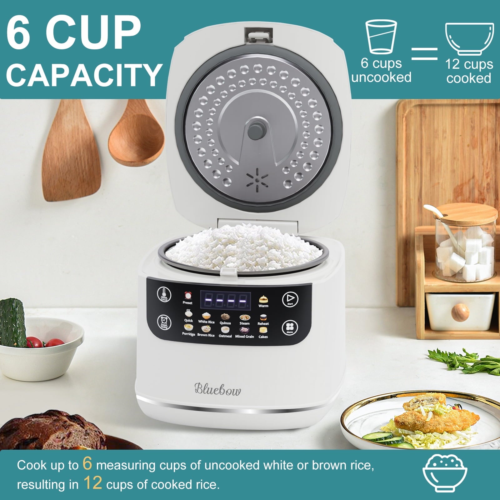 Bluebow Digital Rice Cooker, 6-Cup/2.1QT Small Rice Maker, 10 Presets, 24-Hour Delay Timer & Keep Warm, Non-Stick Inner Pot, White