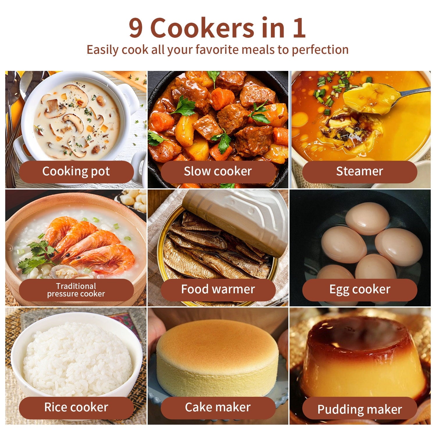 TINANA 6 Qt Electric Pressure Cooker 9-in-1, 14 Presets Instant Multi-Function Pot, Slow Cooker, Rice Cooker, Cake Maker, Non-Stick, Stainless Steel