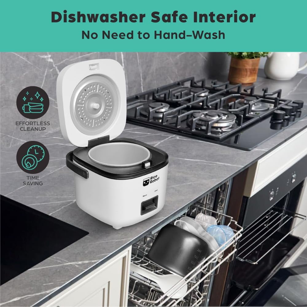 Rice Robot Personal Rice Cooker, PFAS-free, Nonstick. 1 Quart Capacity (4 Cups), with Stainless Steel Steamer Tray, Measuring Cups, Recipe Book with 60 Recipes, and Serving Spoon, As Seen On TV