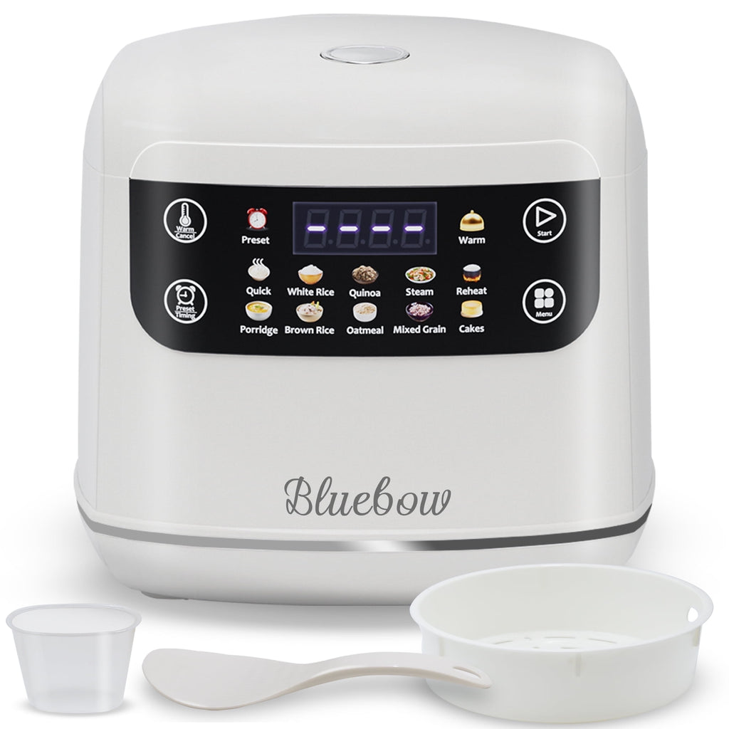 Bluebow Digital Rice Cooker, 6-Cup/2.1QT Small Rice Maker, 10 Presets, 24-Hour Delay Timer & Keep Warm, Non-Stick Inner Pot, White