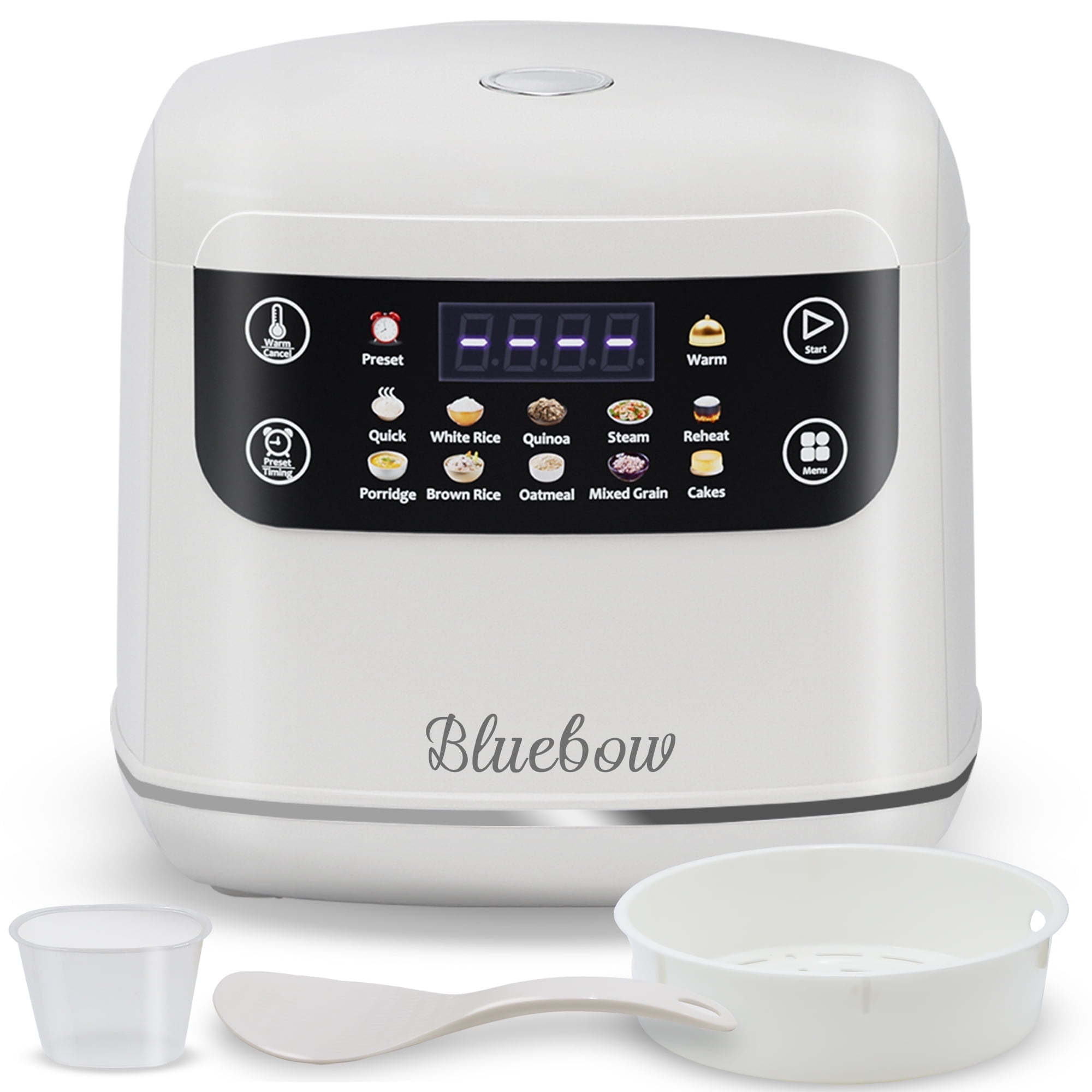 Bluebow Digital Rice Cooker, 6-Cup/2.1QT Small Rice Maker, 10 Presets, 24-Hour Delay Timer & Keep Warm, Non-Stick Inner Pot, White