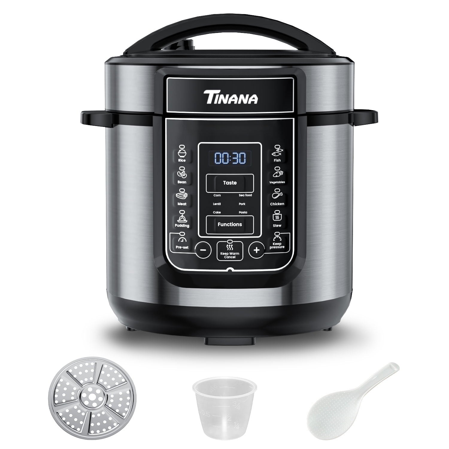 TINANA 6 Qt Electric Pressure Cooker 9-in-1, 14 Presets Instant Multi-Function Pot, Slow Cooker, Rice Cooker, Cake Maker, Non-Stick, Stainless Steel