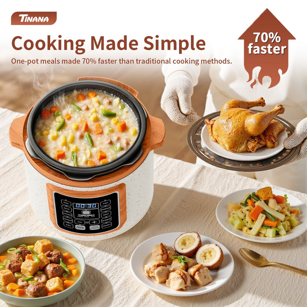 TINANA 6 Quart Electric Pressure Cooker, 9-in-1 Stainless Steel Multi Cooker Pot, Rice Cooker, Slow Cooker, Food Pressure Cooker with Safety Lock, Auto Release, Delay Timer, Intelligent Presets