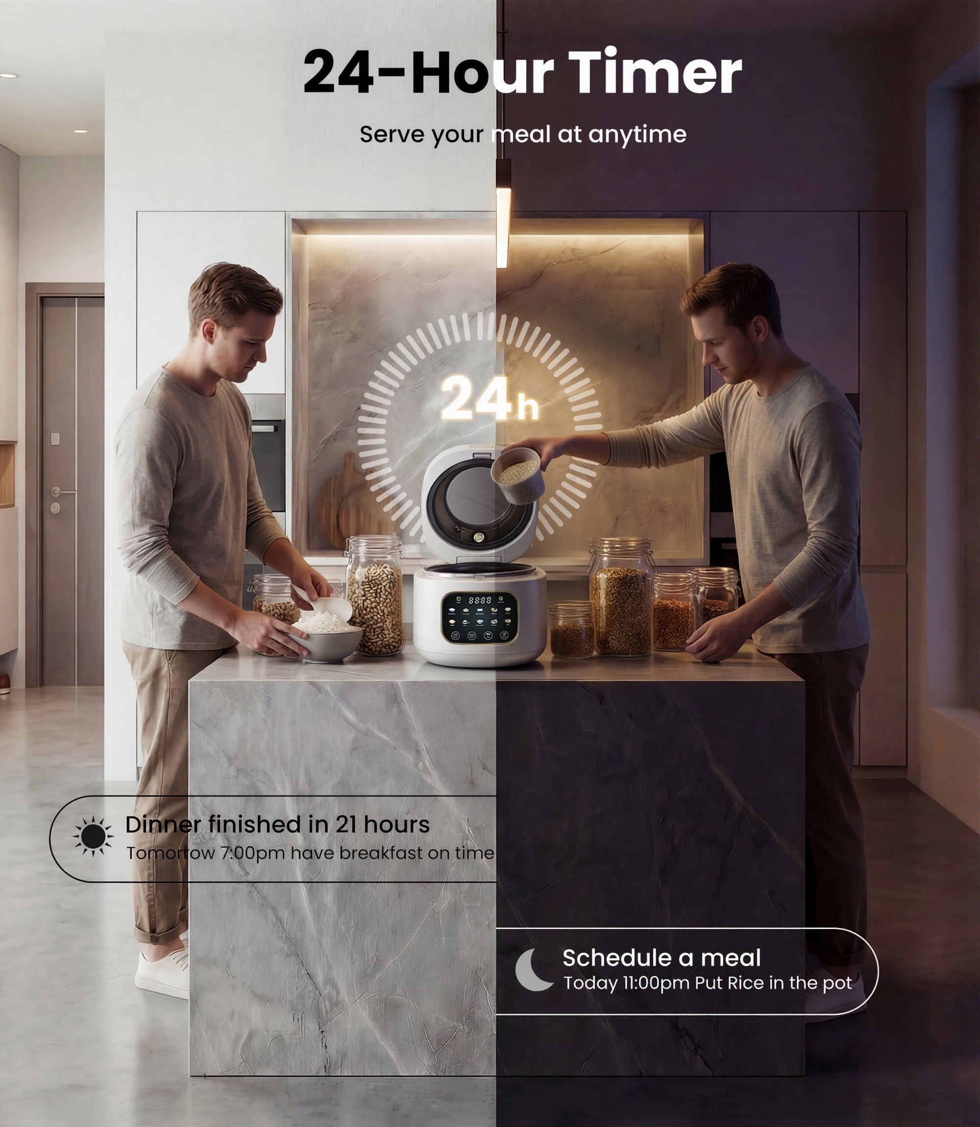 Casualife 12-Cups/4.3QT Rice Cooker with Steamer & Keep Warm, 10-in-1 Multicooker，24-Hour Timer，Non-Stick Inner Pot, White