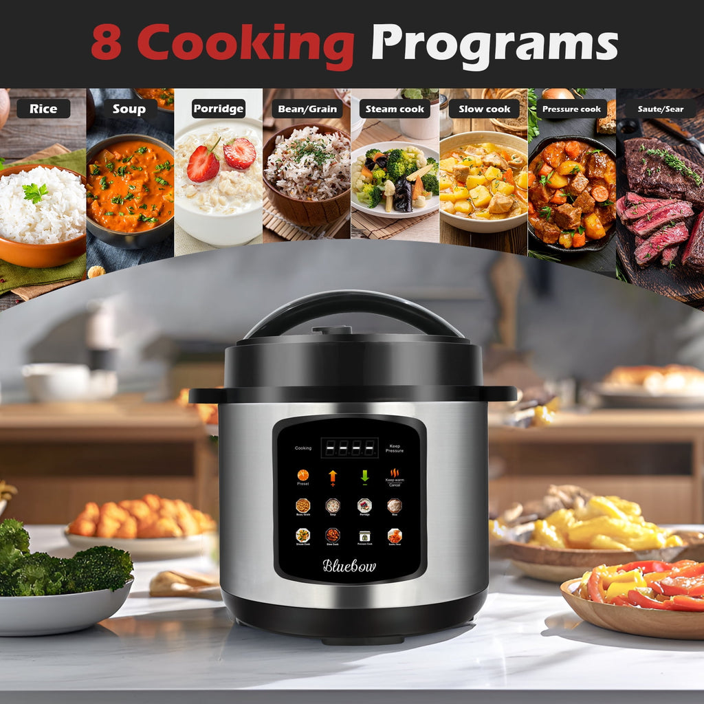Bluebow 6.5 Quart Electric Pressure Cooker, 8-in-1 Multi Cooker Rice Cooker Slow Cooker Sauté Steamer, Stainless Steel
