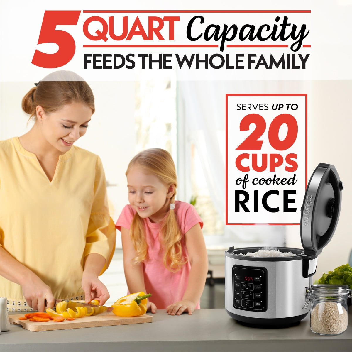 Gourmia 5 Qt Rice Cooker & Steamer, 20 Cup Cooked (10 Cup Uncooked) Stainless Steel