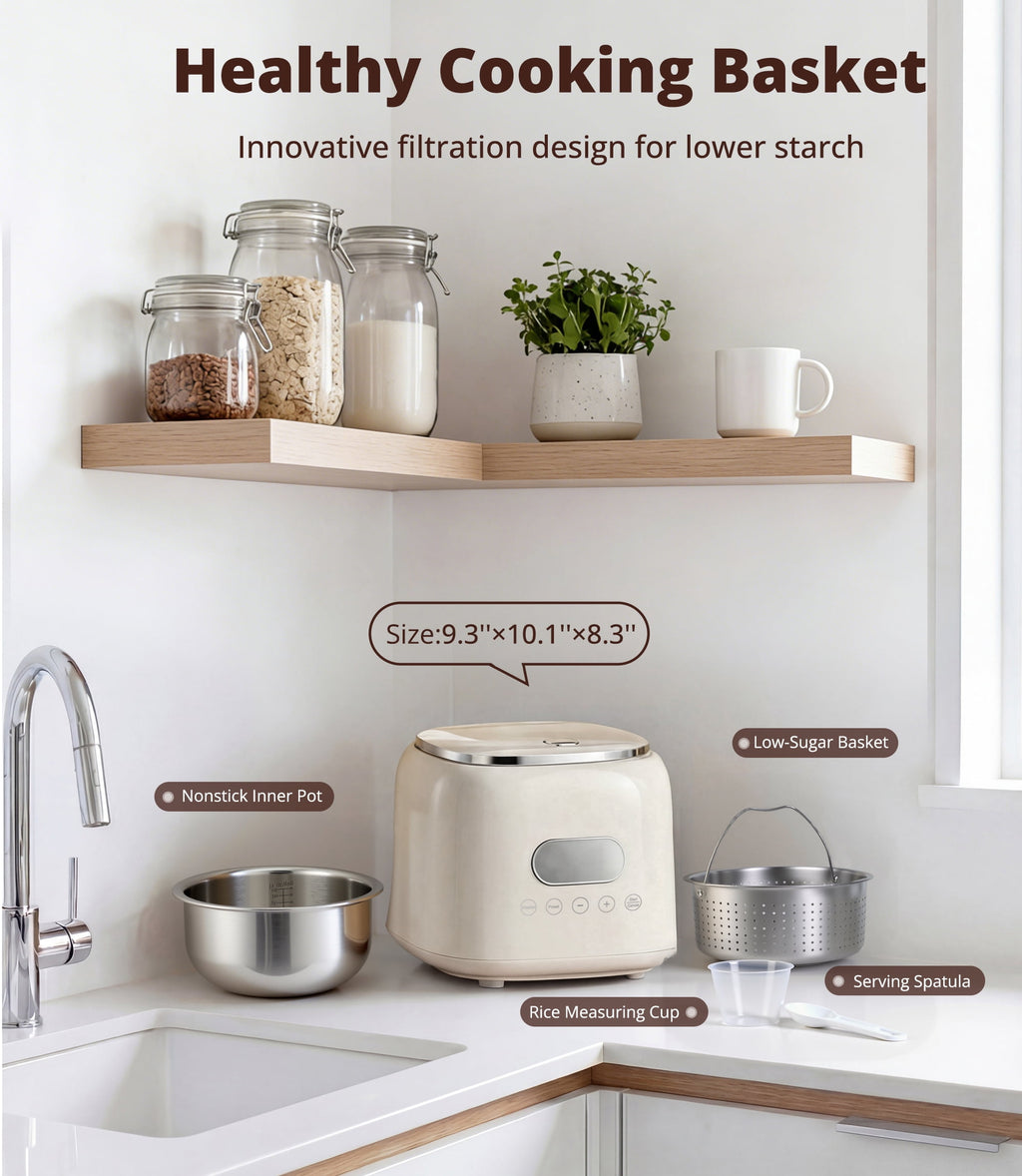 Casualife 3QT Rice Cooker with Starch-Reducing Steamer, 10-in-1 Multicooker with No-Coating Inner Pot and 24-Hour Timer, White