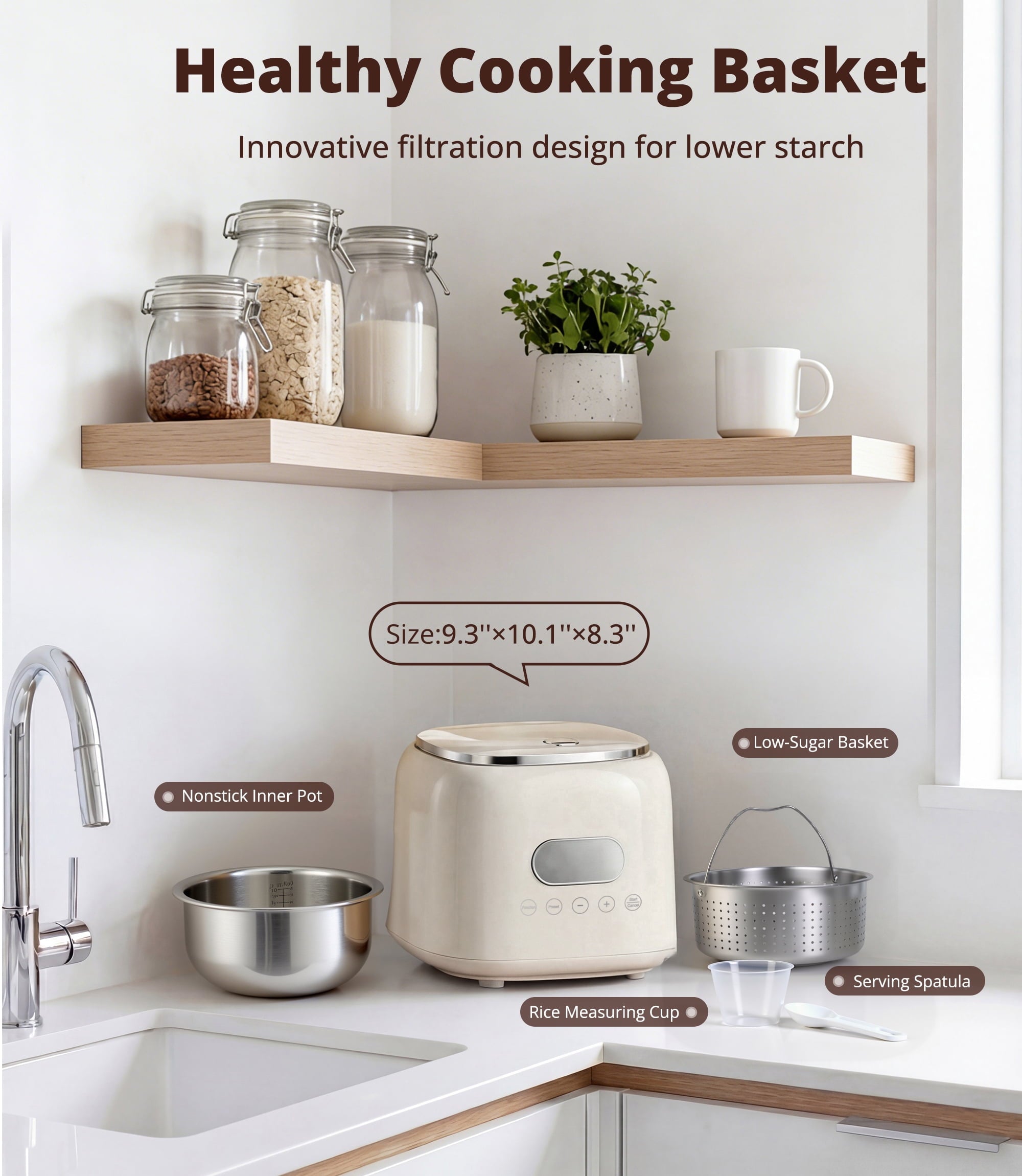 Casualife 3QT Rice Cooker with Starch-Reducing Steamer, 10-in-1 Multicooker with No-Coating Inner Pot and 24-Hour Timer, White