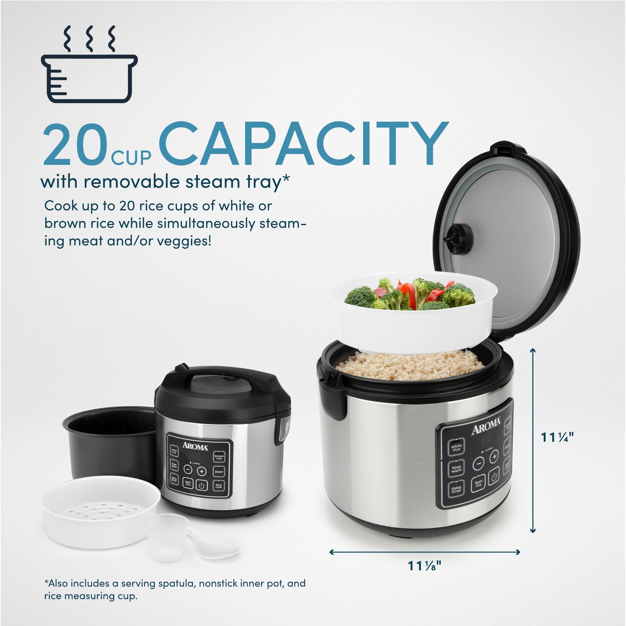 Aroma® 20-Cup Digital Rice & Grain Cooker, Multi-Cooker, 8X Bonded Granite Coating, Silver, New