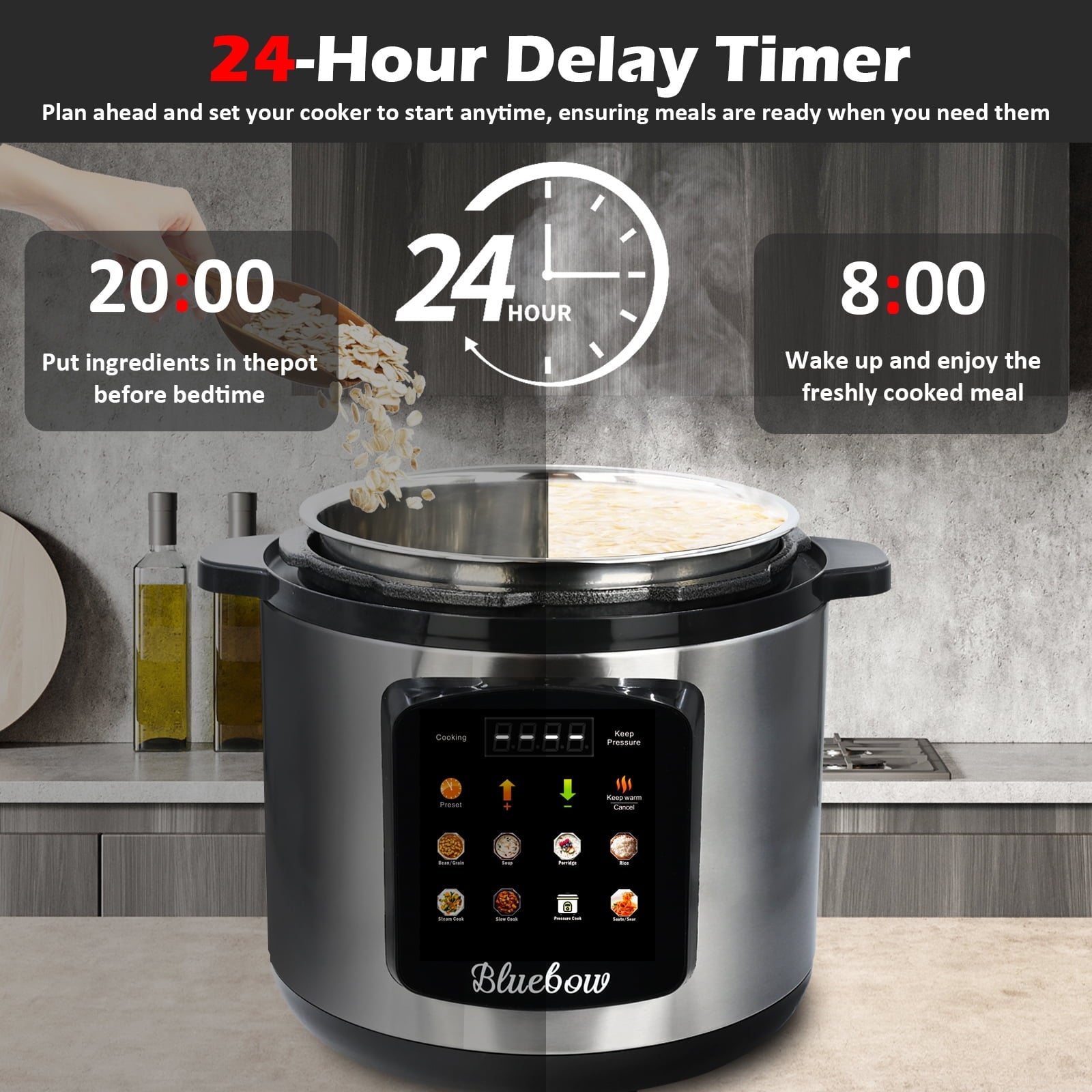 Bluebow 6.5 Quart Electric Pressure Cooker, 8-in-1 Multi Cooker Rice Cooker Slow Cooker Sauté Steamer, Stainless Steel