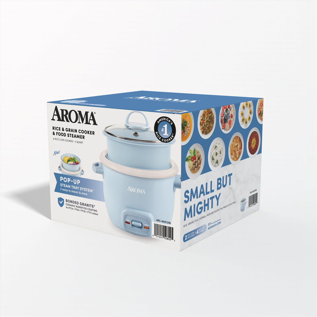 AROMA® 4-Cup Cooked, 2-Cup Uncooked Rice Cooker & Food Steamer with Bonded Granite® Nonstick Ceramic & Pop-Up Steam Tray - Blue