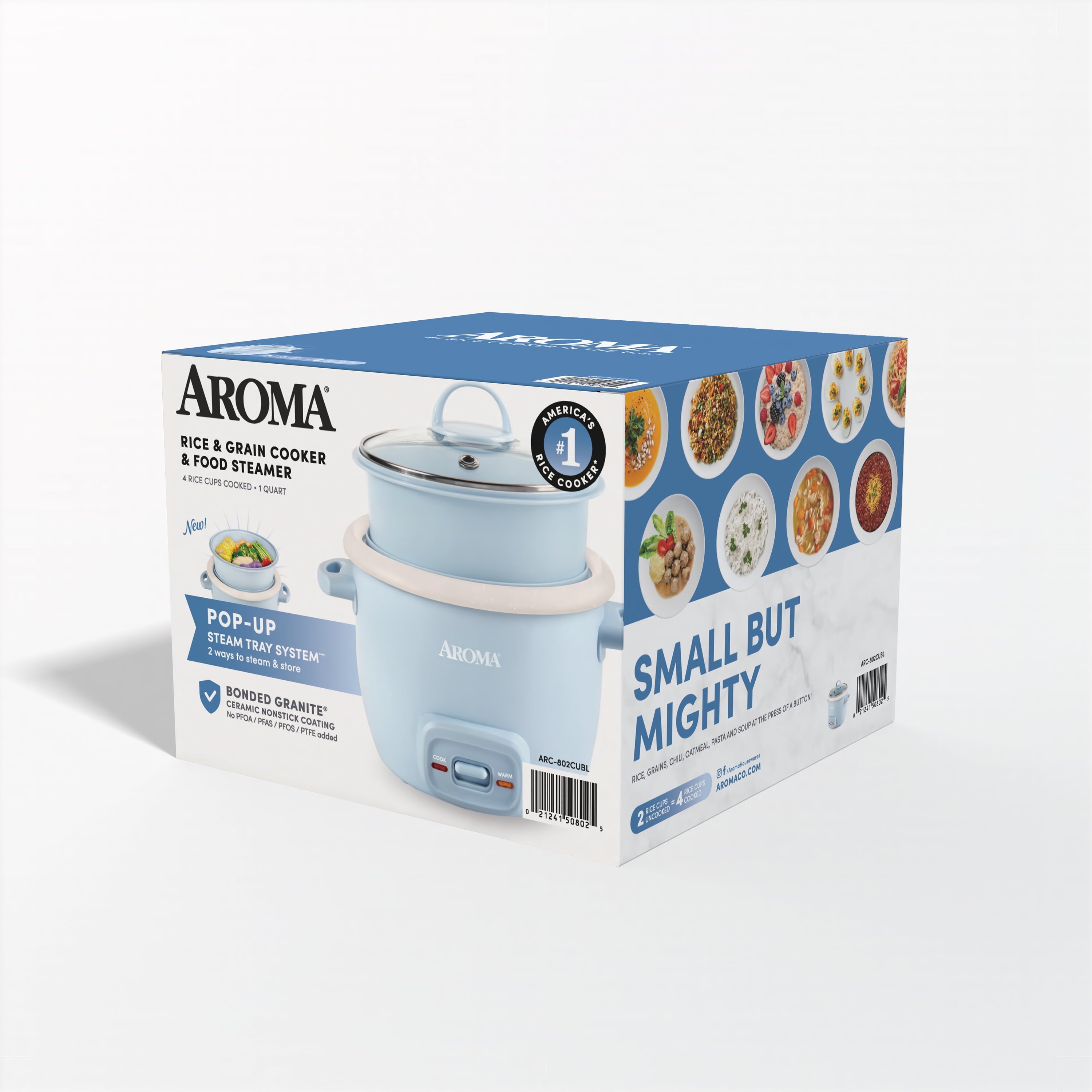 AROMA® 4-Cup Cooked, 2-Cup Uncooked Rice Cooker & Food Steamer with Bonded Granite® Nonstick Ceramic & Pop-Up Steam Tray - Blue