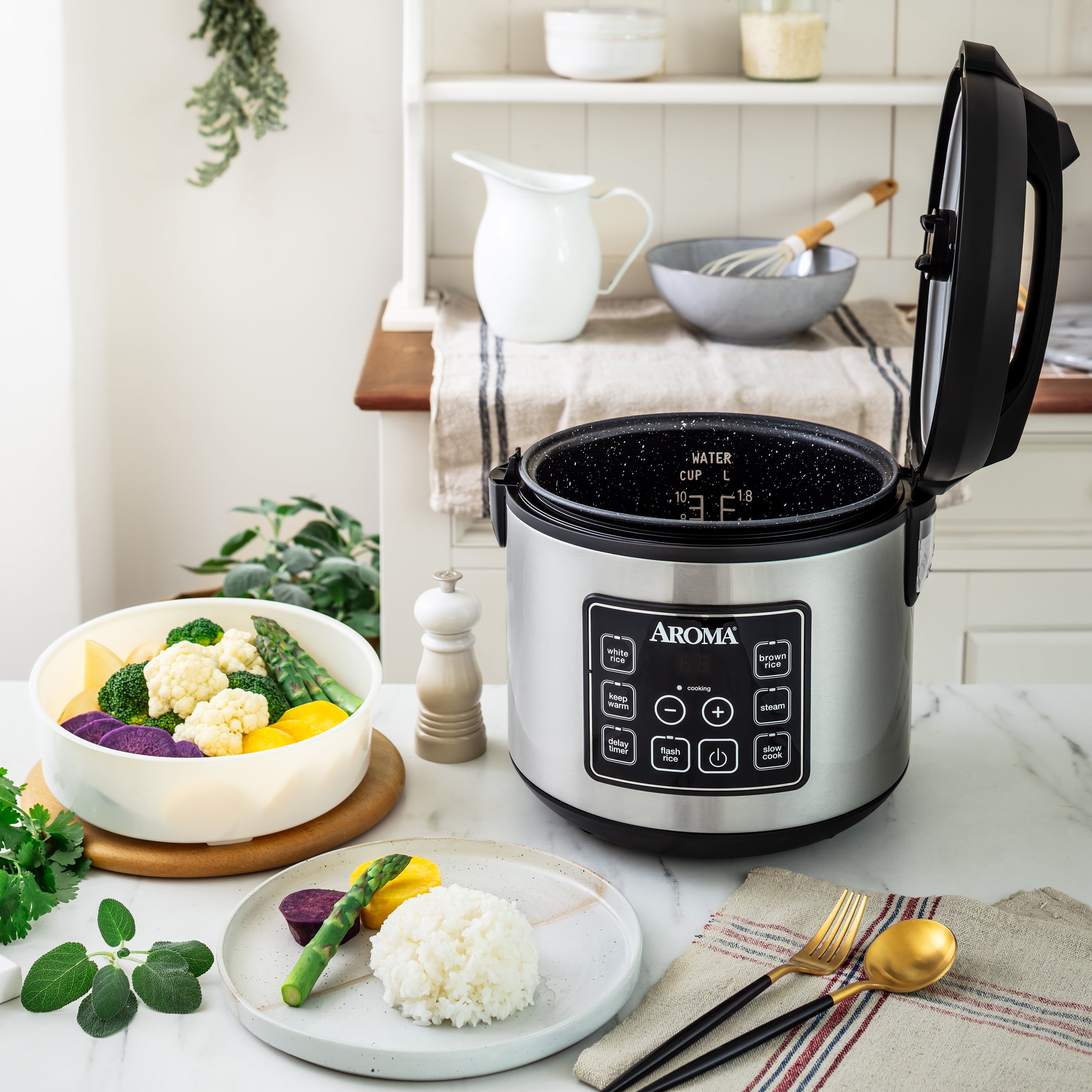 Aroma® 20-Cup Digital Rice & Grain Cooker, Multi-Cooker, 8X Bonded Granite Coating, Silver, New